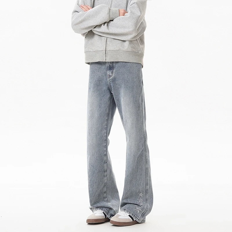 美式潮牌高街时尚星星刺绣牛仔裤男女宽松直筒休闲百搭微喇长裤男