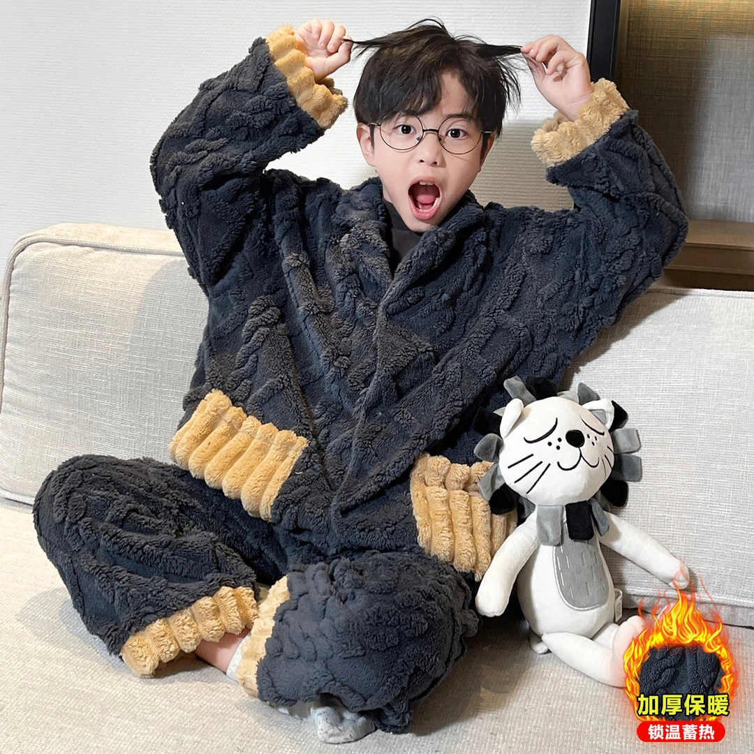 儿童装男童睡衣秋冬款加绒加厚中大童珊瑚绒法兰绒男孩冬季家居服
