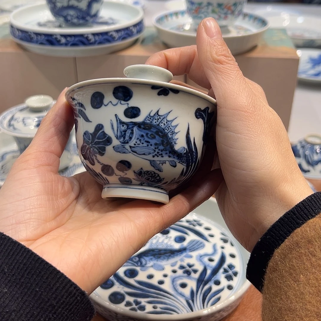 盖碗元青花鱼藻盖碗110毫升