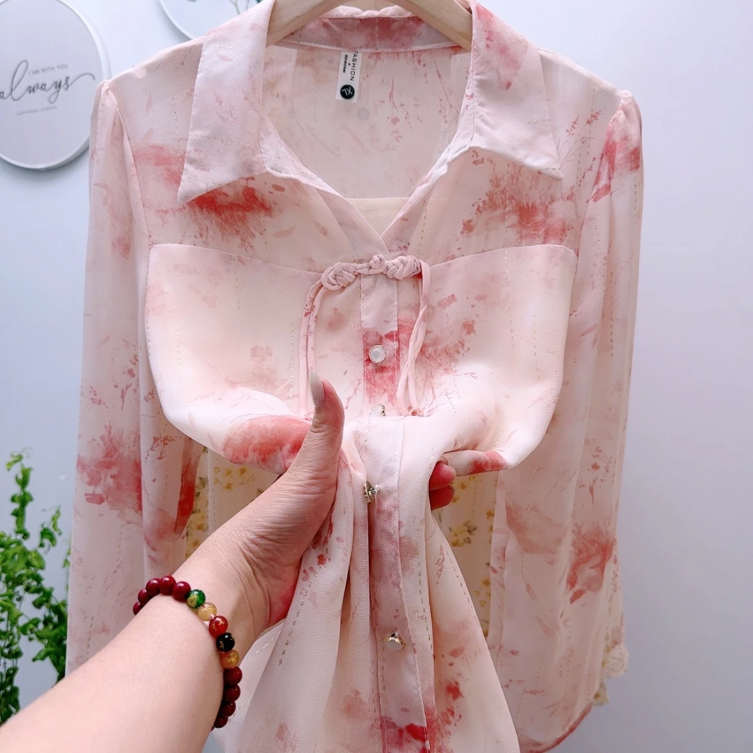 2025春甜美清新碎花镂空雪纺衫POLO领新款妈妈上衣减龄九分袖宽松