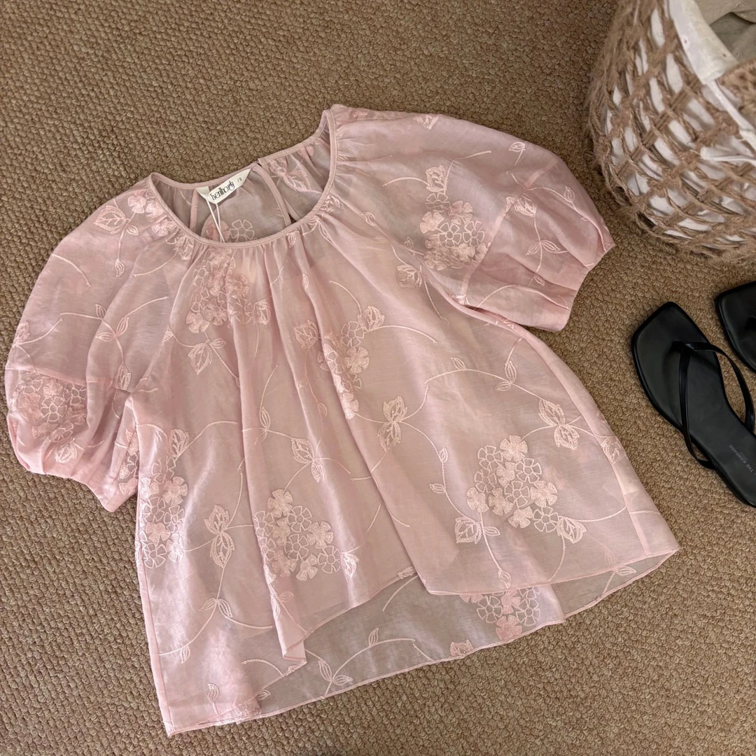 韩版2025夏季新款时尚立体刺绣短袖衬衫女宽松显瘦纯色上衣复古