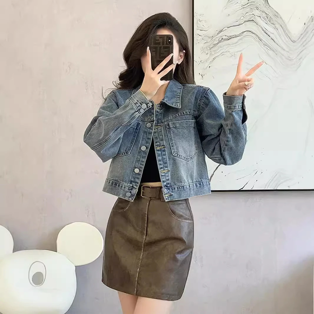 复古短款长袖牛仔外套女士春秋季小个子简约休闲水洗百搭夹克上衣