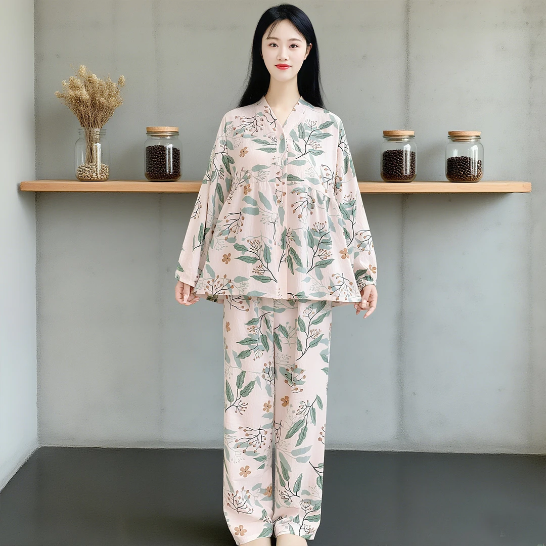 女士开衫V领睡衣长袖不带胸垫云朵棉春秋季宽松套装家居服Y172
