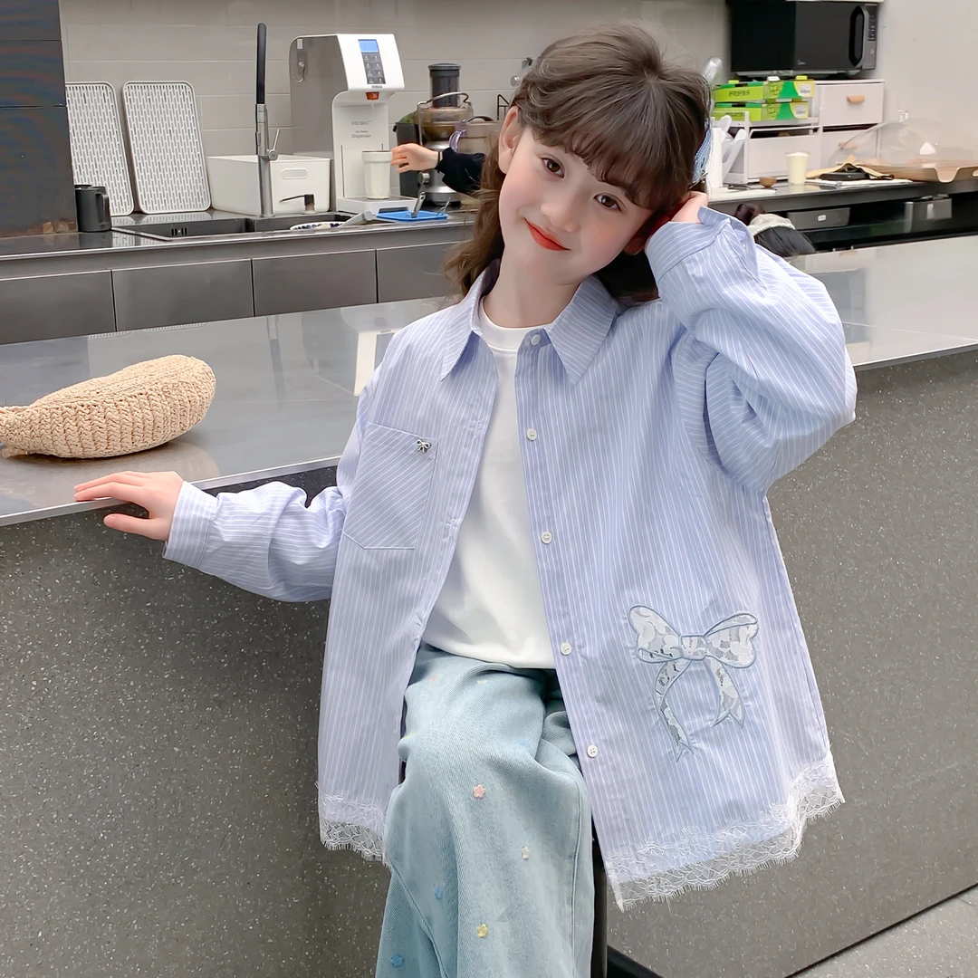 纯棉条纹蕾丝春秋款女童衬衫2025新款洋气童装春装上衣春季中大童
