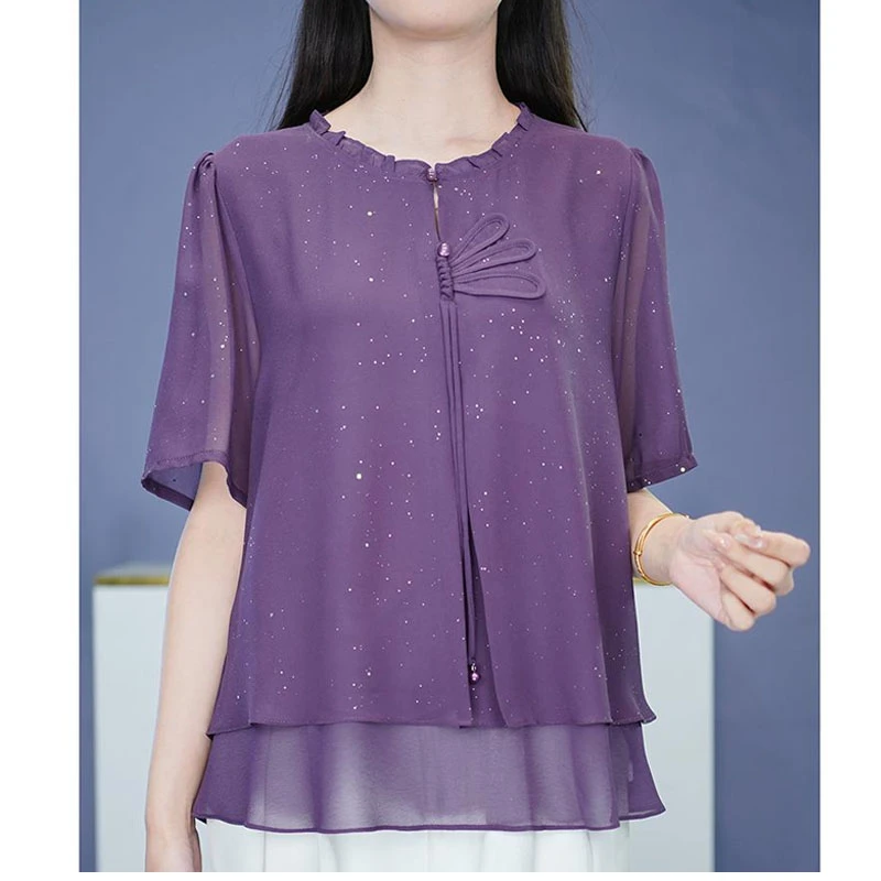 5565短袖高端大码女装遮肚显瘦上衣2025夏季新款雪纺衫气质v领T恤