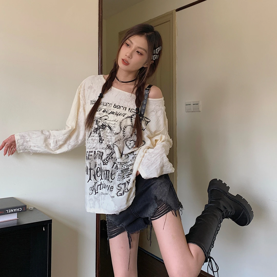 【吵吵家】 美式复古长袖t恤女夏季露肩松弛感罩衫上衣7741
