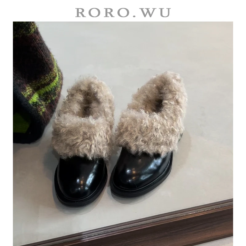 娆娆吴·开边珠牛皮复古圆头增高毛毛鞋秋冬新款浅口小皮鞋女E50