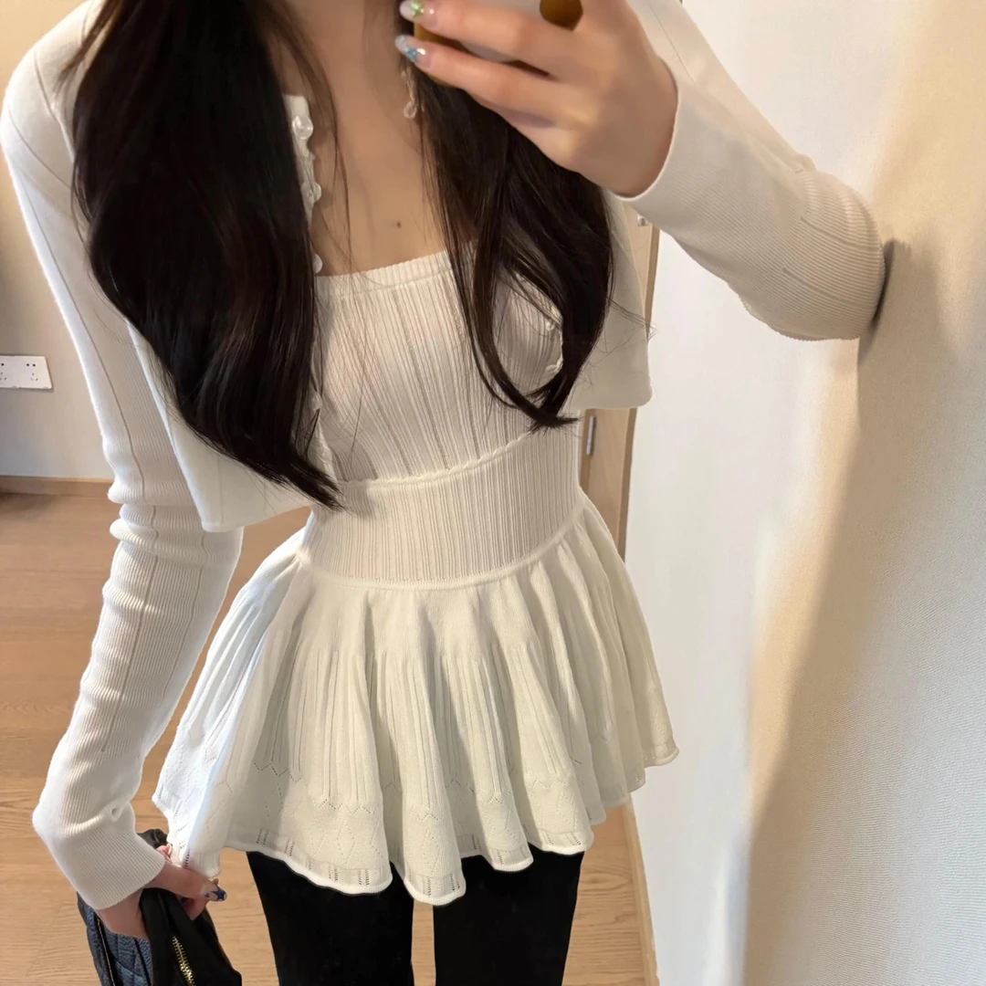 YWY【甜氧Jennie】韩系针织开衫上衣收腰吊带短裙小个子两件套
