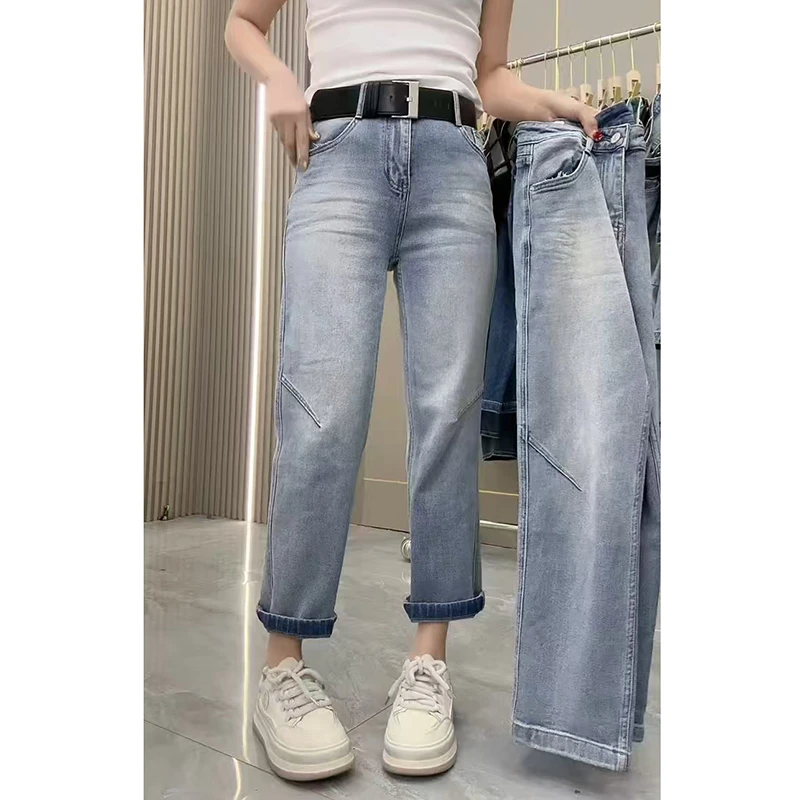 高腰弹力直筒牛仔裤子女2025春季新款大码女装显瘦遮肉九分烟管裤