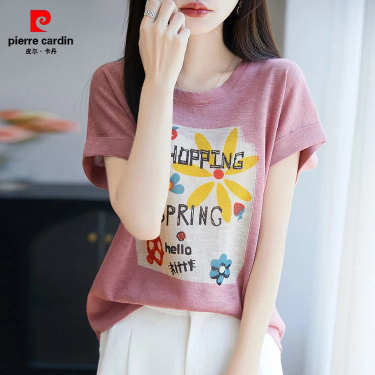 皮尔卡丹胖mm夏装特大码冰丝针织衫女士短袖t恤宽松遮肚子巨显瘦