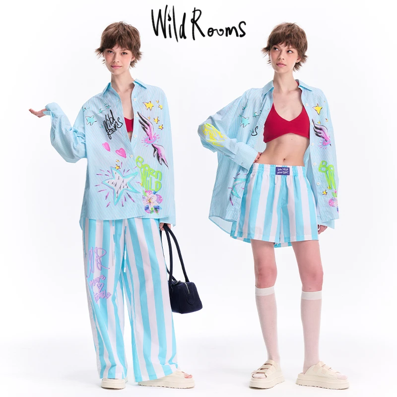 WildRooms夏季欧若风条纹家居服睡衣套装女全棉潮流宽松可外穿
