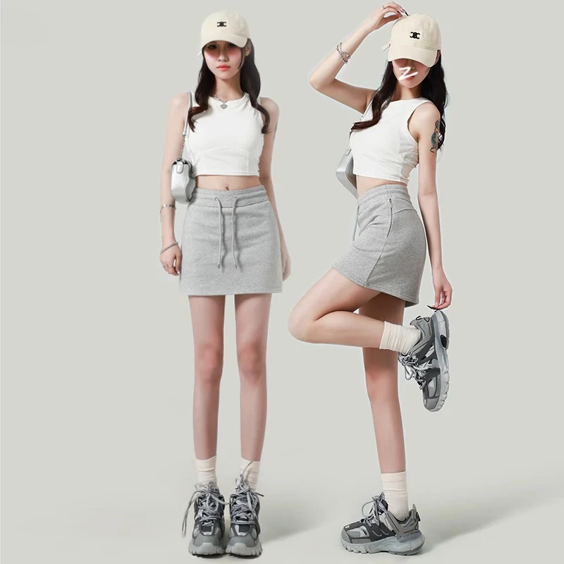 灰色运动短裙女2025新款春夏季高腰a字半身裙包臀卫裙小个子裙裤