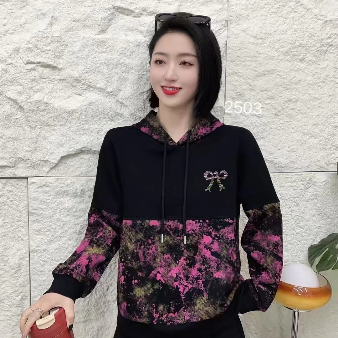 2025秋季新款 连帽长袖烫钻卫衣宽松休闲显瘦时尚百搭女士上衣