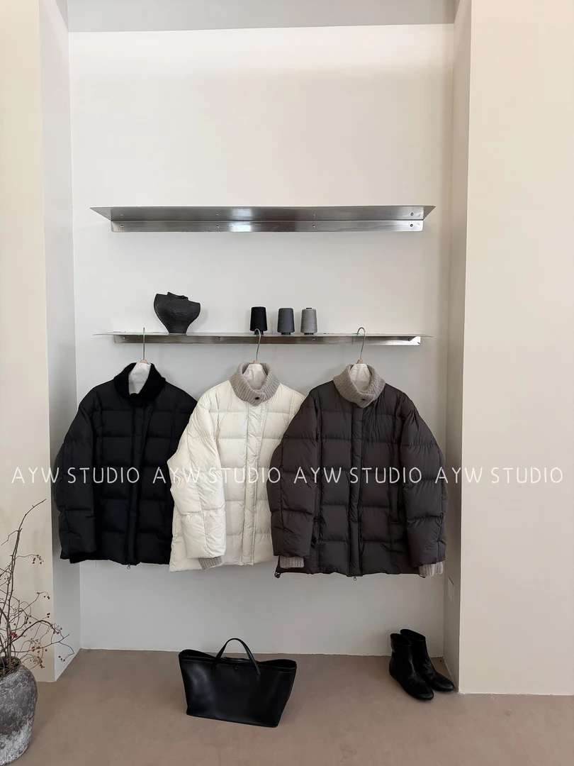 【AYW】ins韩系针织领拼接百搭宽松白鸭绒羽绒服外套