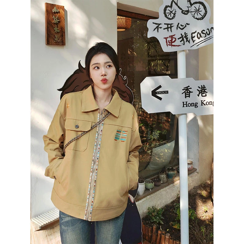 美式复古开春外套女设计感小众宽松百搭刺绣情侣款翻领夹克棒球服