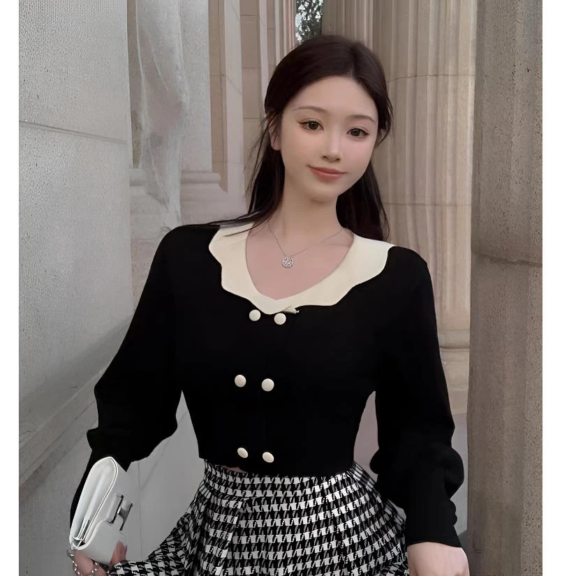 A059双排扣小香风针织衫韩版2024秋冬撞色娃娃领拼接法式复古毛衣