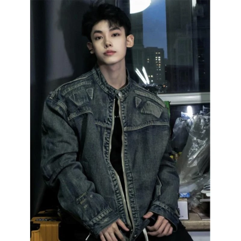 8637 水洗浮雕盔甲牛仔外套男痞帅短款立领cleanfit夹克美式复古