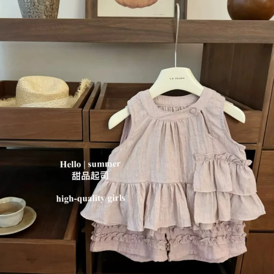 女童无袖套装夏季2025新款女宝宝洋气儿童娃娃衫阔腿裤森系两件套