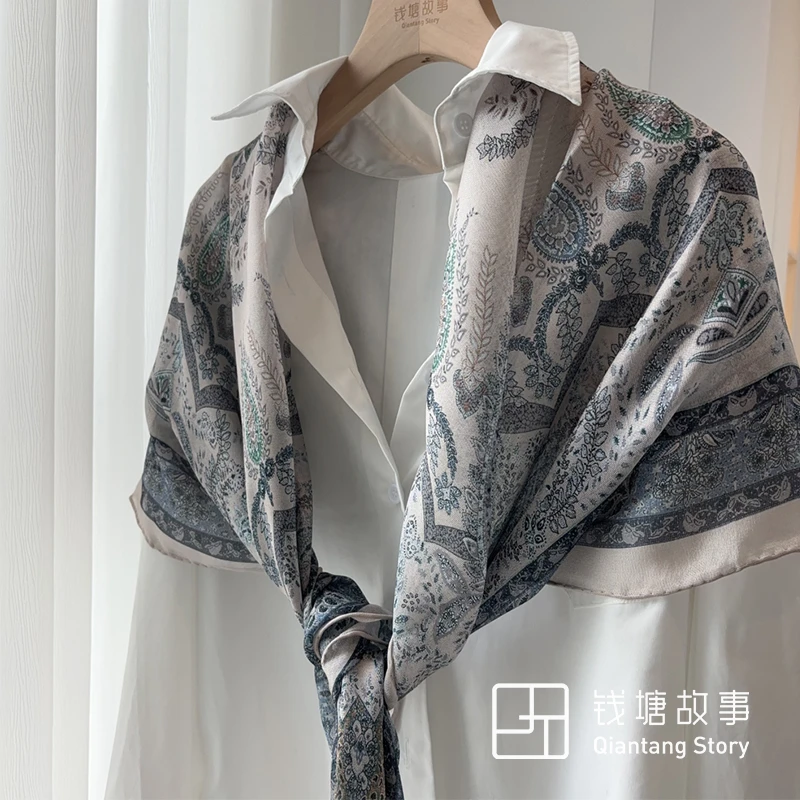 Qiantang Story/钱塘故事真丝西丽纱-110方巾秘境蓝色桑蚕丝108cm