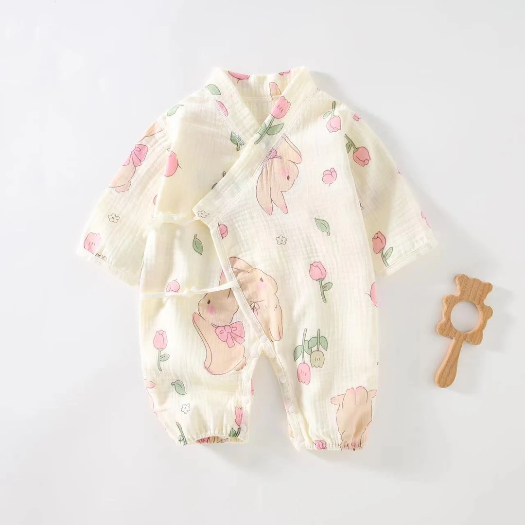 春夏款纯棉纱布婴儿新款无骨连体衣长袖双层纱布和尚服新生儿薄款