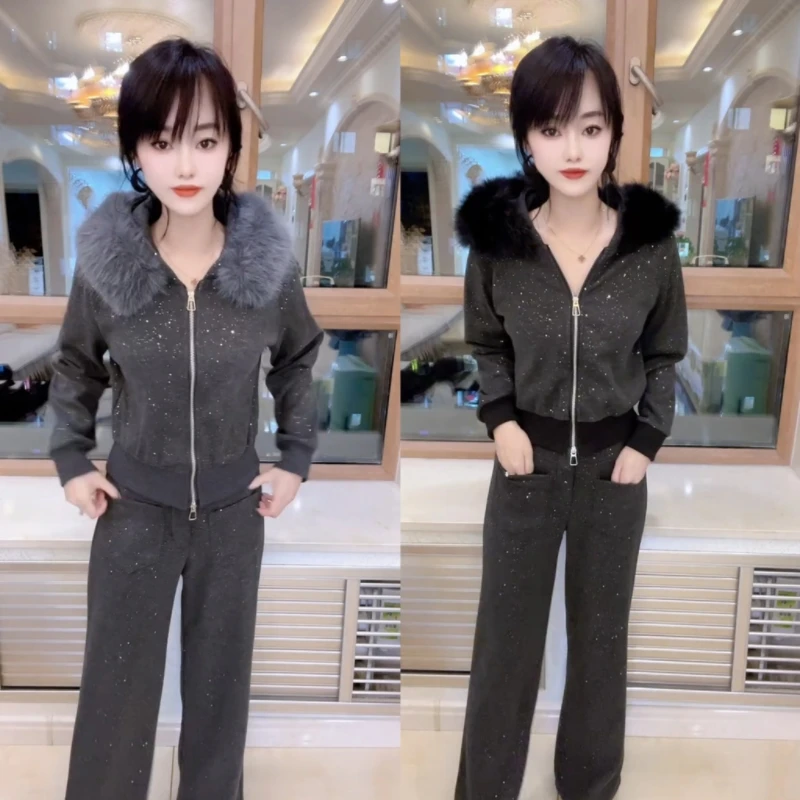 秋冬时尚洋气休闲亮片大毛领外套搭配高腰直筒裤套装
