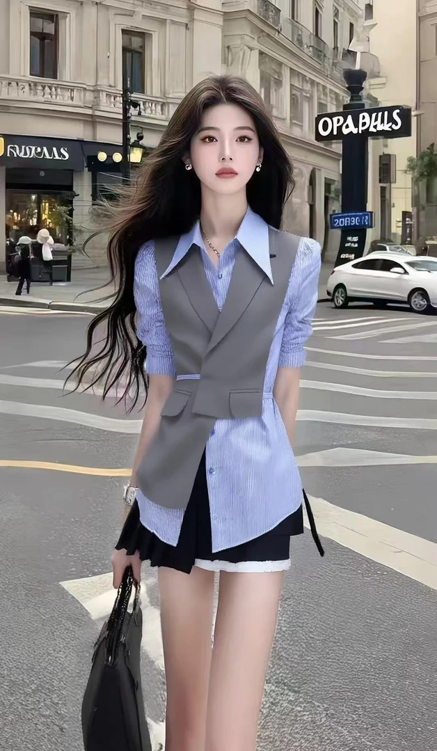 时尚新款蓝色拼接不规则短袖衬衫上衣+黑色设计感半身裙女两件套