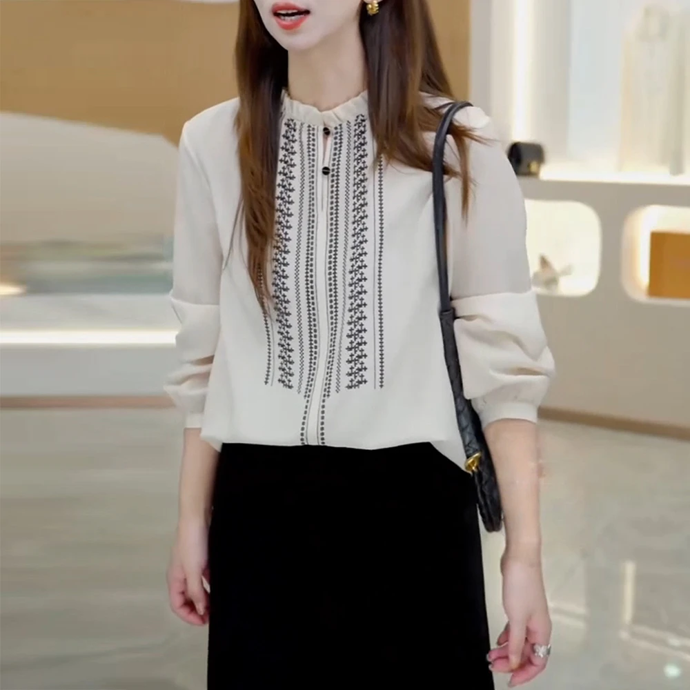 法式通勤木耳边印花长袖衬衫女2025春秋新款衬衣小众时尚显瘦上衣