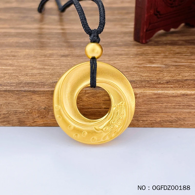 足金999 古法空心挂绳凤凰平安扣吊坠（含珠子）