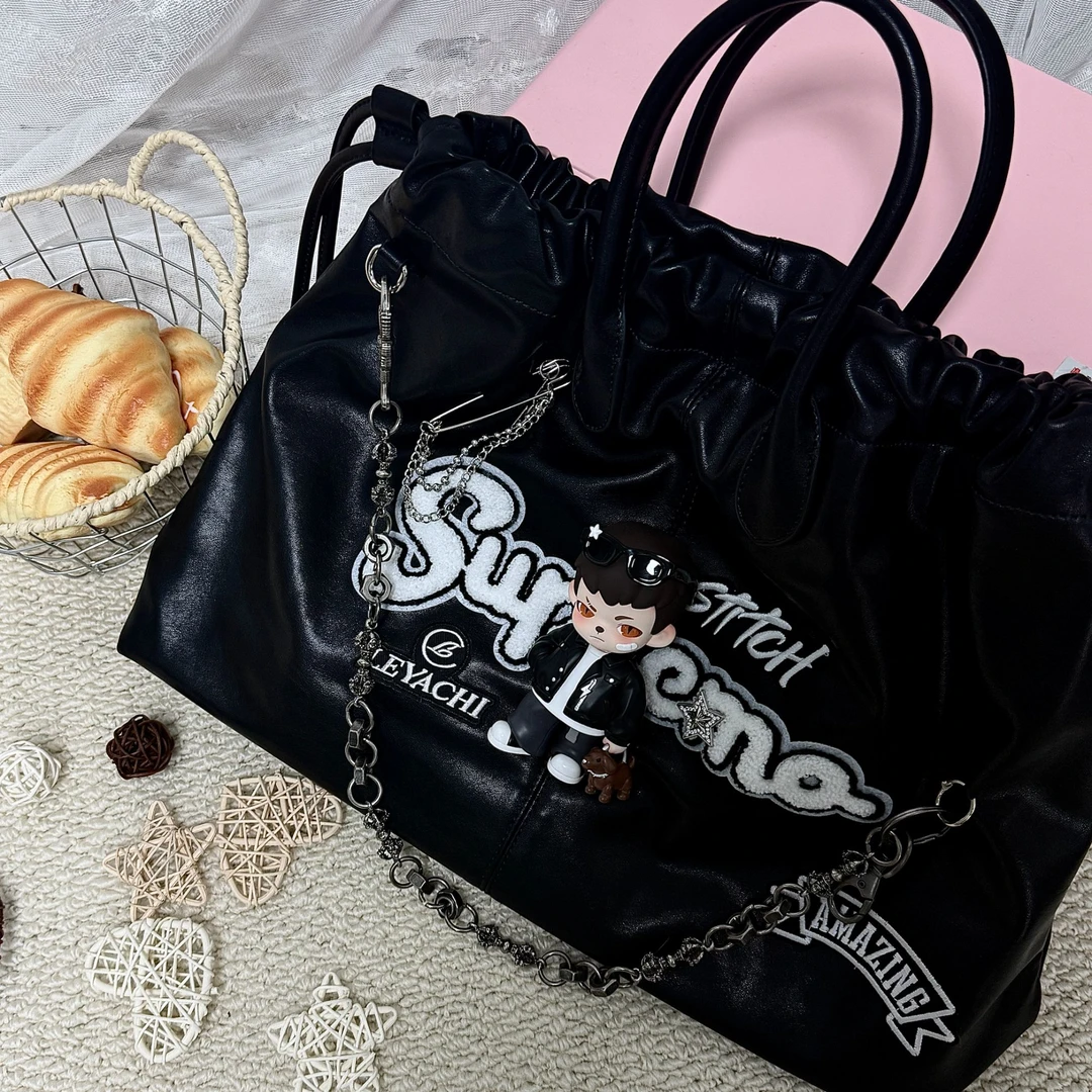 原创手工设计潮玩娃包 韩系轻奢黑色托特包