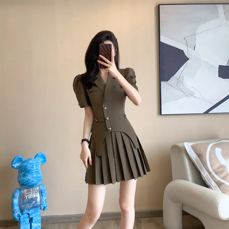 夏季新百褶裙法式改良中式连衣裙制服学院风显瘦修身高腰气质裙子