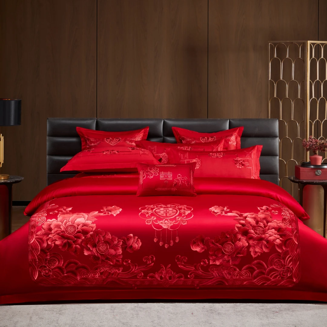 UK婚庆【繁花似锦】婚庆结婚刺绣四件套中式大红色婚房喜庆