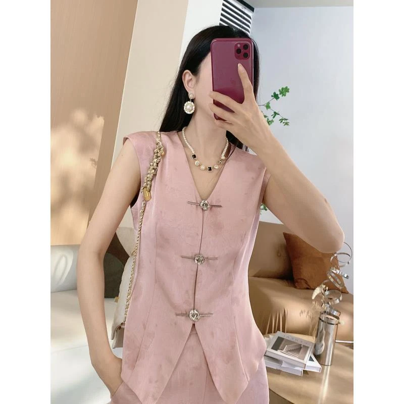 W 坎肩袖国风蝴蝶提花上衣+两侧松紧阔腿裤两件套3380