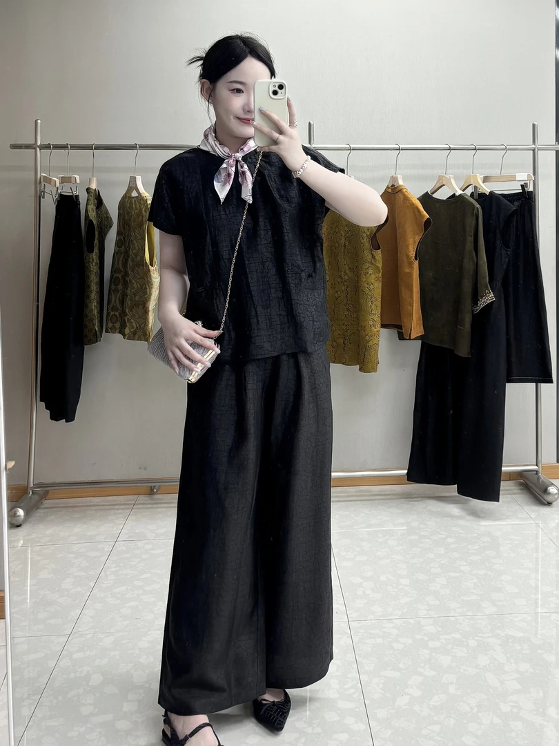 【龟裂纹阔腿裤】经典款老料香云纱女神裤女复古老钱风阔腿裤宽松