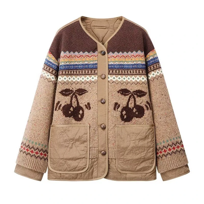 冬季新款时尚宽松樱桃图案拼接口袋外套毛衣开衫棉服双面穿DG1009