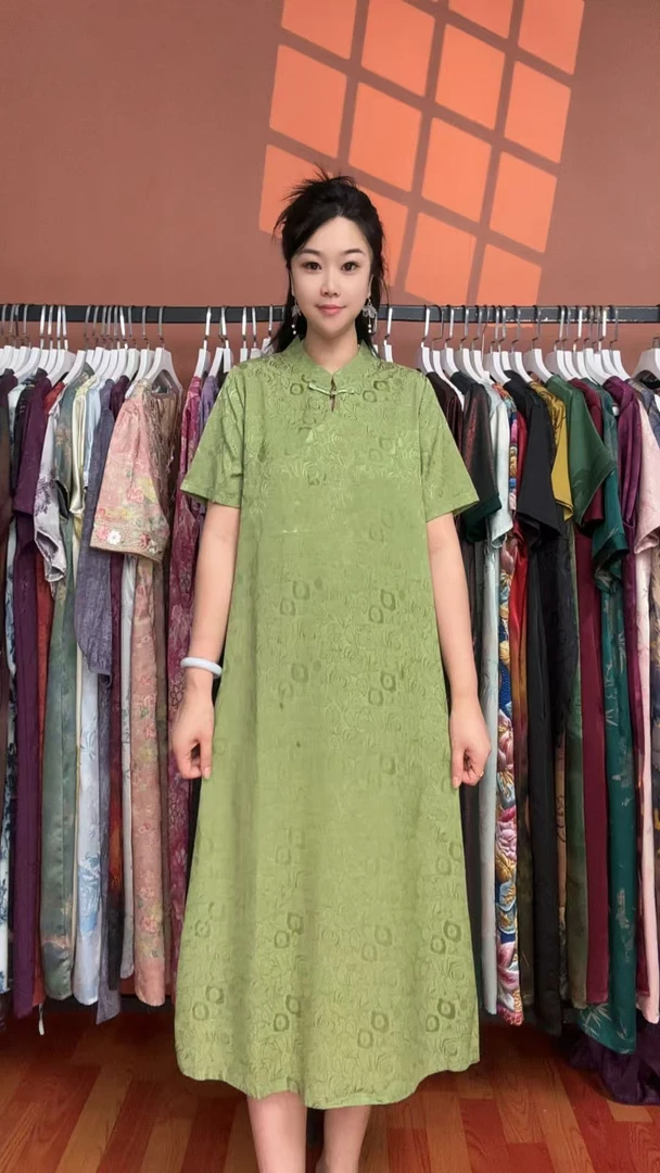 （玫瑰浅绿）夏季立领简约提花时尚显瘦气质女装宽松中长款连衣裙