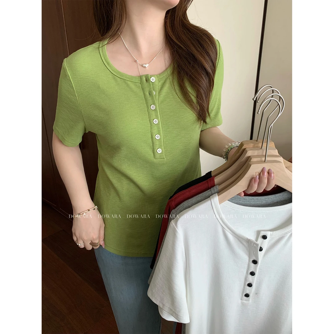 现货大婉酱微胖定制竹节暗纹夏极简排扣短袖上衣百搭显瘦T恤6959D
