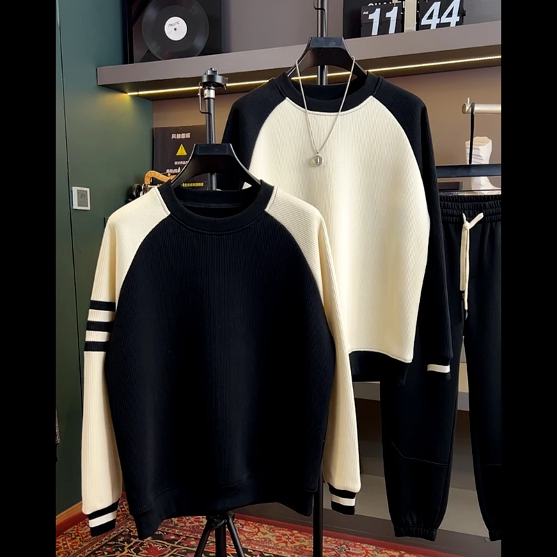 港风气质轻奢高级感竖坑条男装撞色拼接加绒卫衣百搭宽松休闲上衣