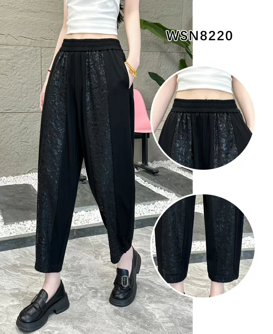 小四子【8220】夏季提花休闲裤 复古拼接九分裤 宽松显瘦哈伦裤