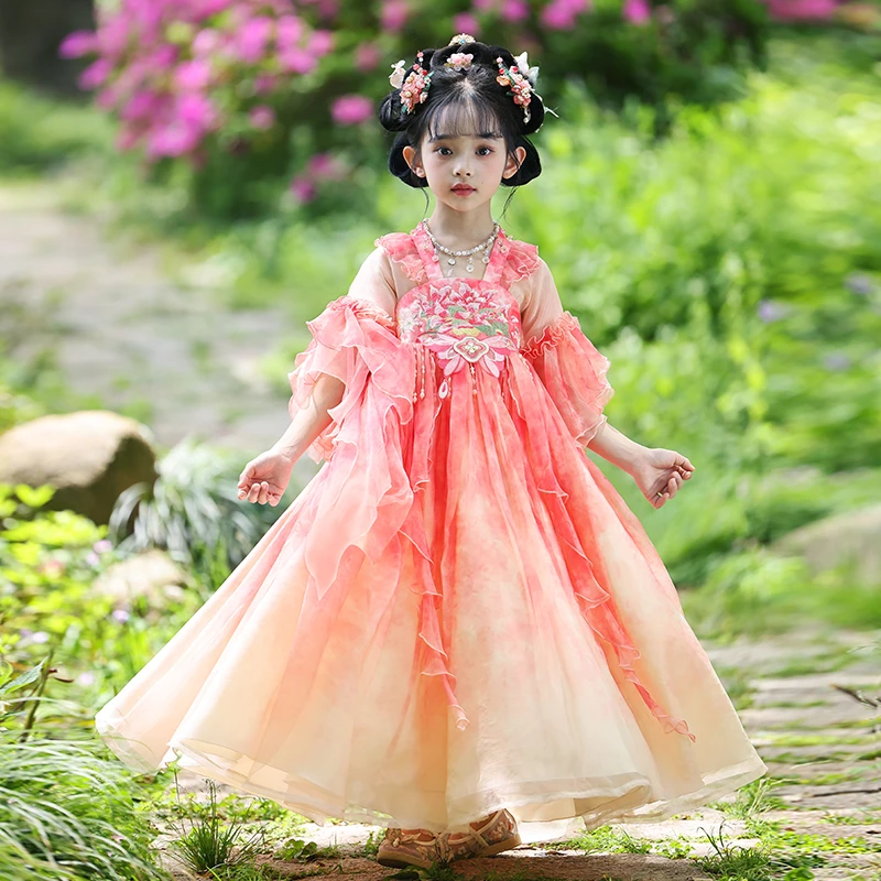 99558女童汉服夏古风女宝宝儿童公主裙子花朵刺绣唐装仙气连衣裙