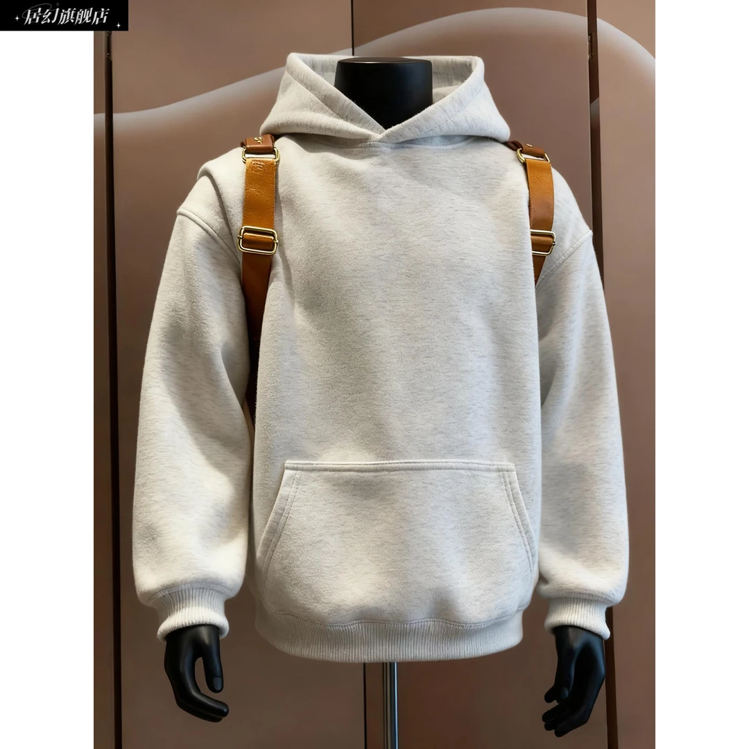 居幻520g重磅白灰色加绒卫衣男款秋冬潮牌硬挺连帽衫美式正肩外套