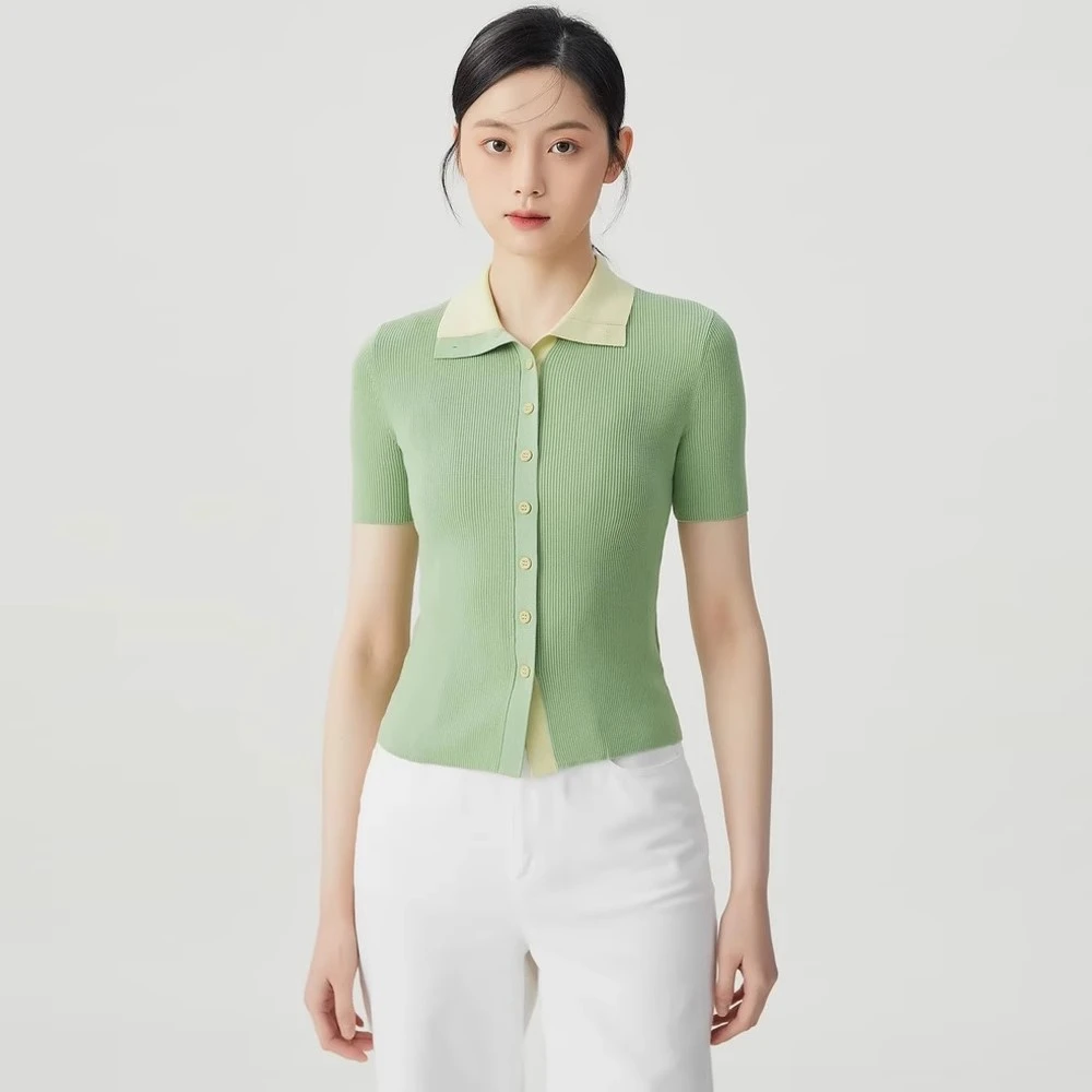 【商场同款】2025新款不对称撞色亲肤Polo领短袖针织上衣1399692