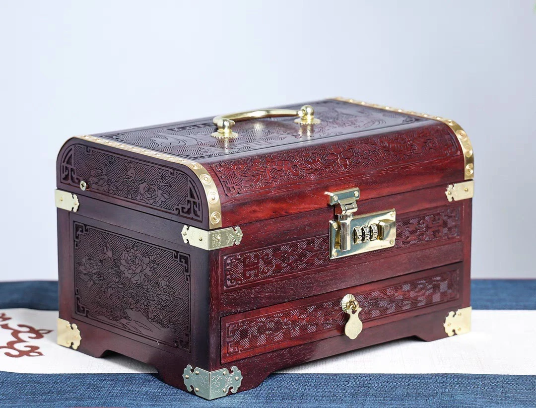 红花好月圆首饰盒复古桌面摆件中式方形