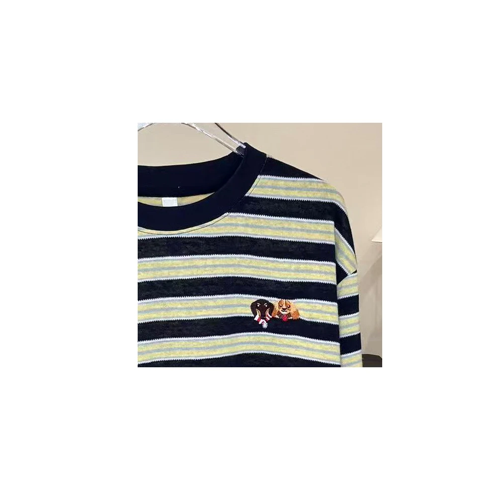 【刺绣腊肠狗】日系减龄宽松棉条纹撞色设计简约风 长袖T恤AC218