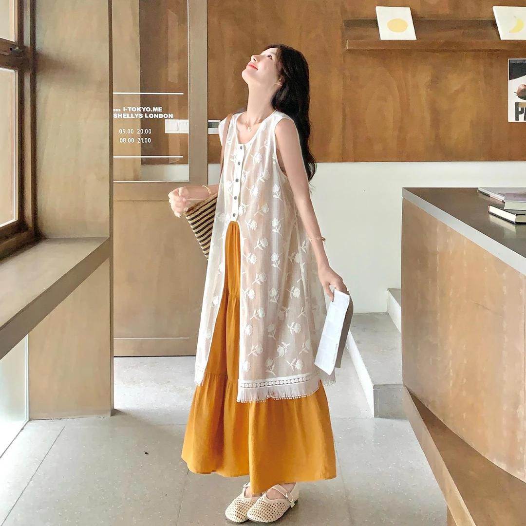 法式度假风蕾丝罩衫流苏连衣裙套装女巨好看的夏装一整套流行爆款