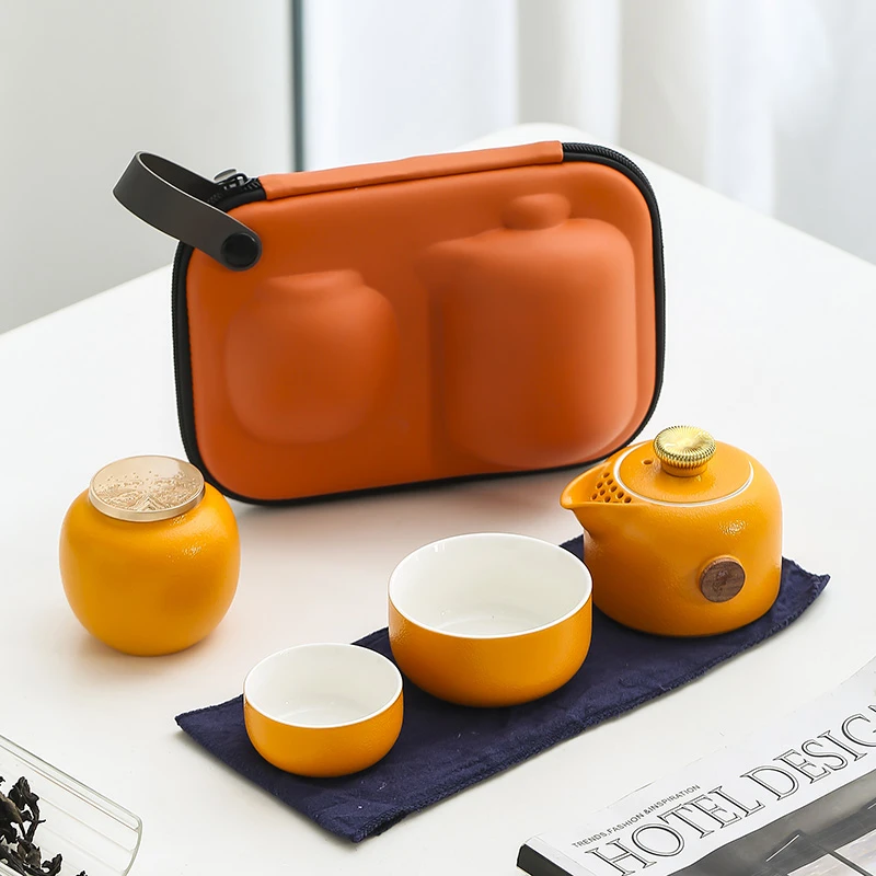 迷你小号旅行茶具套装橘黄柿柿如意一壶两杯便携式户外功夫茶具