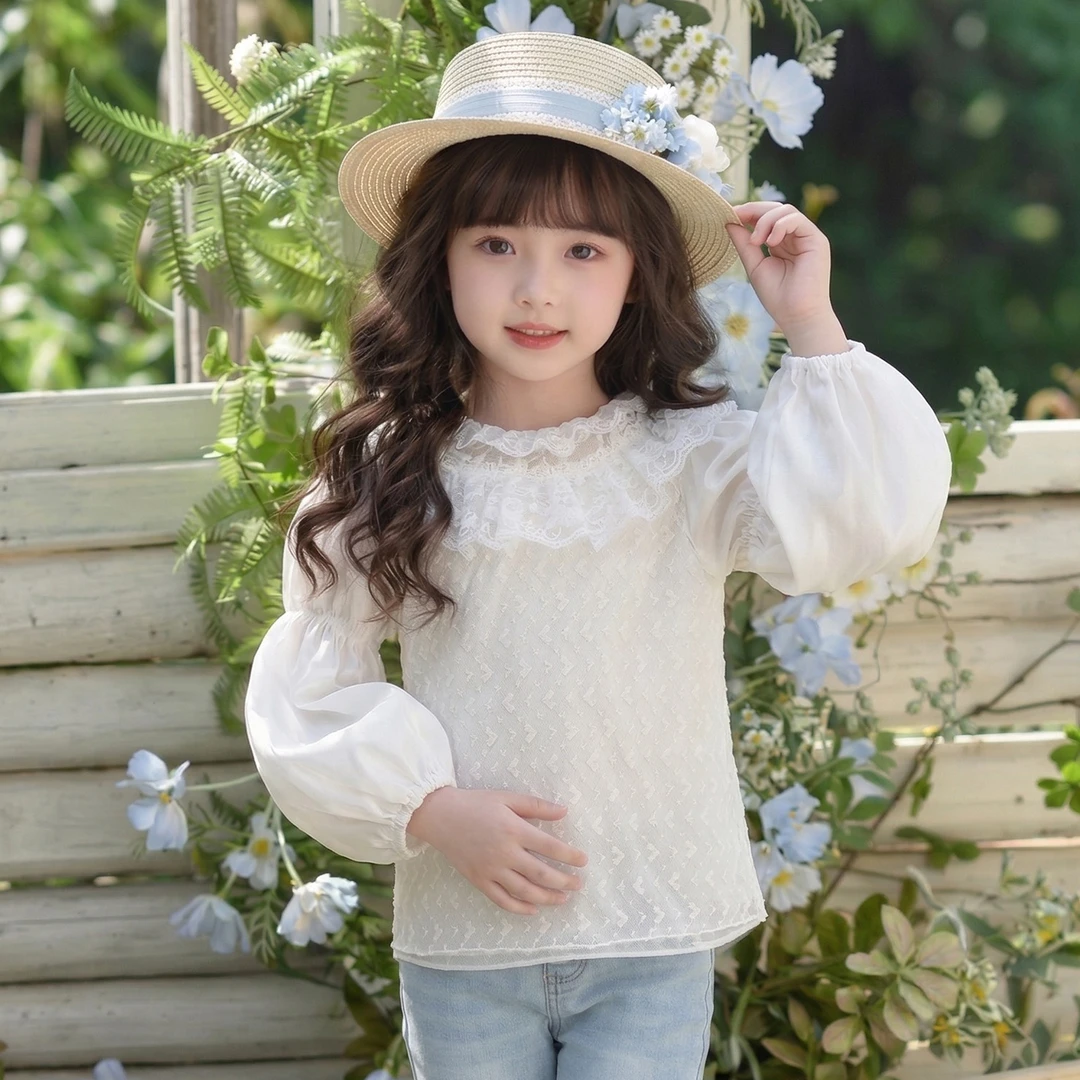 女童甜美洛丽塔风蕾丝花边连衣裙白色娃娃领长袖裙子2026透气薄款