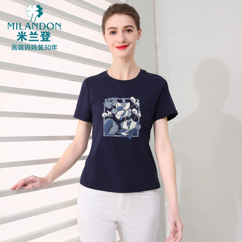 MILANDON/米兰登薄款短袖夏季圆领t恤女士透气老钱风印花1M2T1115