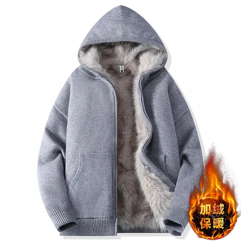 座山雕加绒针织连帽毛衣外套男款秋冬新款潮牌高级感加厚保暖毛衣