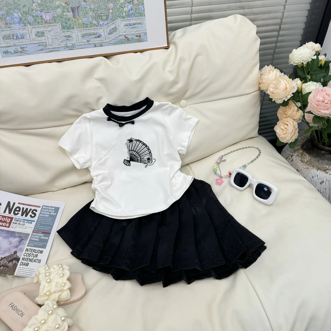 女童国风短袖+百褶裙两件套套装 GC0838