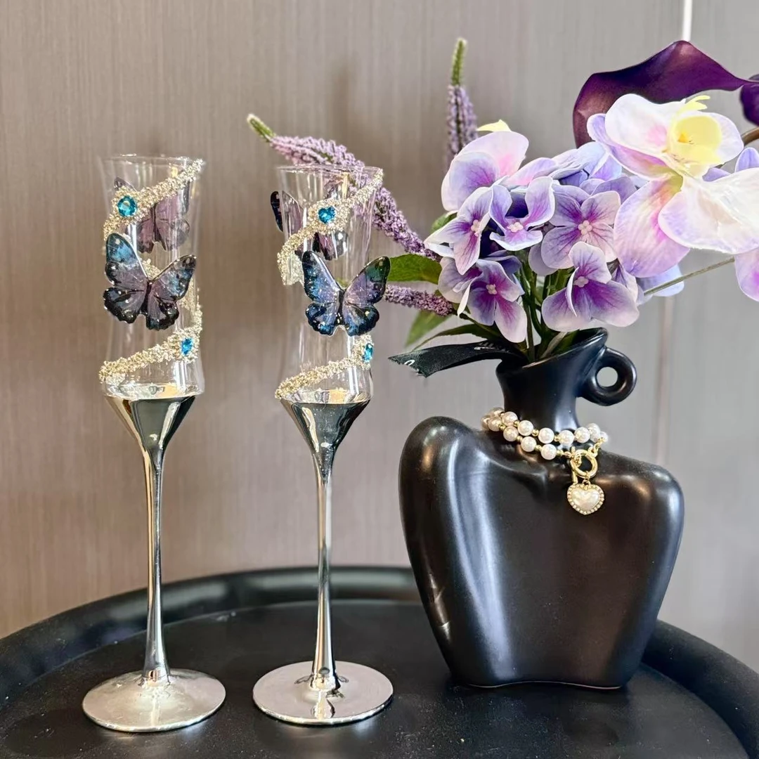 高端轻奢原创镶钻设计小众蝴蝶高脚杯香槟杯情侣杯礼物高级定制